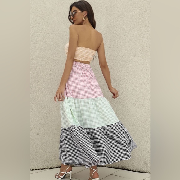 LEILA Plaid Strapless Top and Tiered Skirt Set - Picture 3 of 4